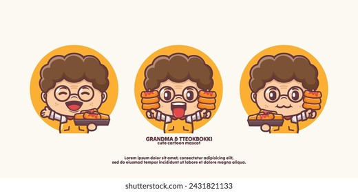 cute grandma with tteokbokki, cartoon mascot design with Korean food, vector illustration in outline style
