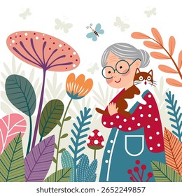 vovó bonito anda com gato no verão no prado com flores.