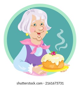 Cute grandmother with a beautiful cake in her hands. Avatar icon in cartoon style. Isolated on white background. Vector flat  illustration.