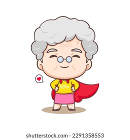 Cute Grandmother cartoon character being super hero. People Concept design. Flat adorable chibi vector illustration. Isolated white background