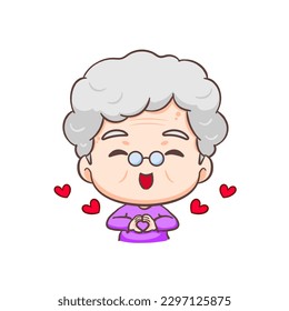 Cute grandmother Cartoon Character. Grandma with love hand sign. People family Concept design. Isolated white background. Vector art illustration