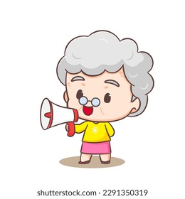 Cute Grandmother cartoon character holding megaphone. People Concept design. Flat adorable chibi vector illustration. Isolated white background