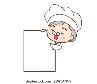 Caricatura de una bisabuela linda con una pizarra vacía. Logo de cocina de las abuelas, arte vectorial. restaurante y logo culinario casero