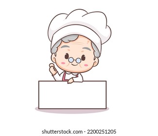 Cute grandmother chef cartoon with empty board. Grandma cooking logo vector art. People Food Icon Concept. restaurant and homemade culinary logo