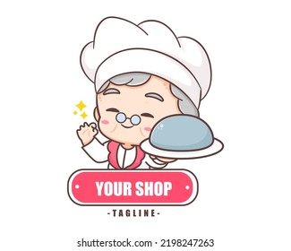 Cute grandmother chef cartoon. Grandma cooking logo vector art. People Food Icon Concept. restaurant and homemade culinary logo
