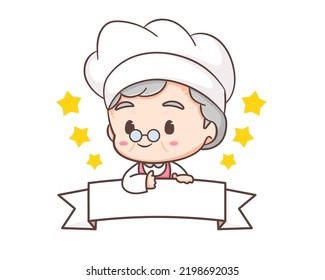 Cute Grandmother Chef Cartoon. Grandma Cooking Logo Vector Art. People Food Icon Concept. Restaurant And Homemade Culinary Logo