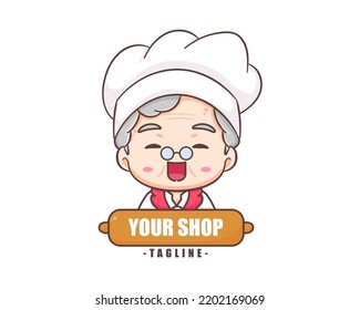 Cute grandmother chef cartoon. Grandma cooking logo vector art. People Food Icon Concept. restaurant and homemade culinary logo