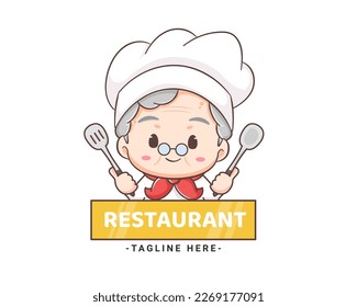 Cute grandmother chef cartoon. Grandma cooking logo vector art. People Food Icon Concept. restaurant and homemade culinary logo