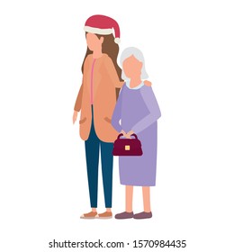 cute grandmother with daughter using christmas hat vector illustration design