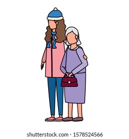 cute grandmother with daughter using christmas hat vector illustration design