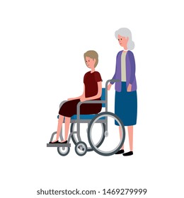 cute grandmother with daughter in wheelchair