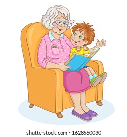 Cute grandmother and funny grandson are reading a book while sitting on an armchair. In cartoon style. Isolated on white background. Vector illustration.