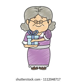 Cute grandmother with gift scribble