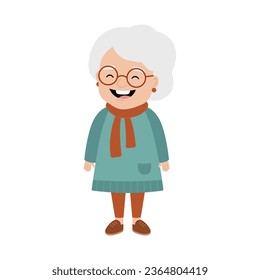 Cute grandmother in glasses and earrings. Elderly woman in dress and scarf in full length. Old woman standing. Vector flat illustration isolated on white background