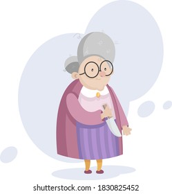
cute grandmother in glasses with a knife in her hands, illustration for postcards