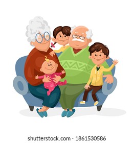 Cute grandmother and grandfather are sitting on the couch with their grandchildren. A girl, a boy and a baby are visiting grandparents. Cartoon vector illustration isolated on white background