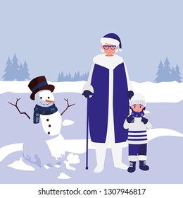 cute grandmother and grandson with winter clothes