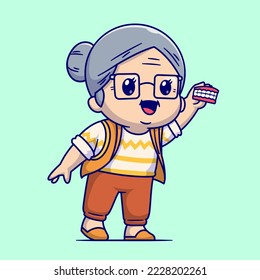 Cute Grandmother Holding Dentures Tooth Cartoon Vector Icon Illustration. People Health Icon Concept Isolated Premium Vector. Flat Cartoon Style