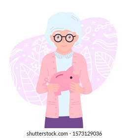 Cute grandmother holds piggy bank in her hands. Female pensioner personage makes an investment. Aged, elderly woman cash savings. Old lady Isolated concept vector illustration in cartoon flat style