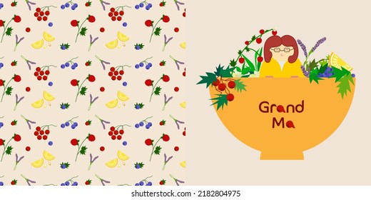 Cute grandmother with hot tea filled with fragrant herbs.Lemon tea from a loving grandmother. Illustration of grandma. 