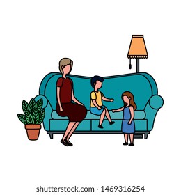cute grandmother with kids in the sofa characters