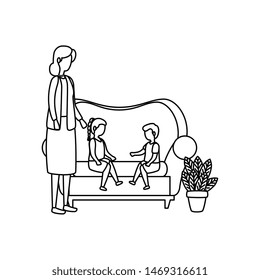 cute grandmother with kids in the sofa characters