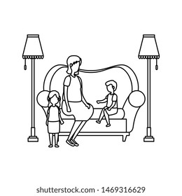 cute grandmother with kids in the sofa characters