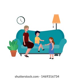 cute grandmother with kids in the sofa characters