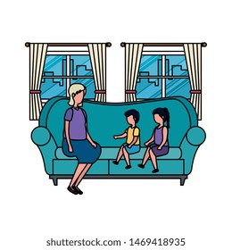 cute grandmother with kids in the sofa characters