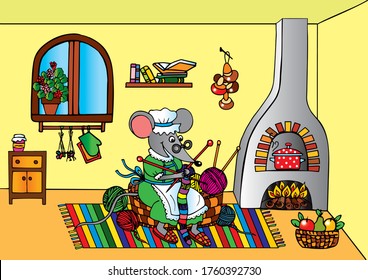 Cute grandmother mouse is sitting in her house and knit. Colored vector for card or gift.