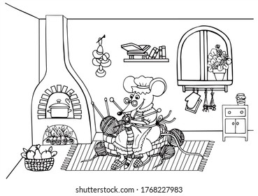 Cute grandmother mouse is sitting in her house and kniting a socks. Black and white vector for card or gift, for coloring.