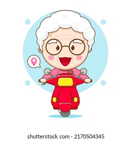 Cute grandmother or old woman riding motorbike. chibi cartoon character