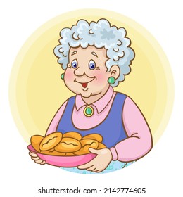 Cute grandmother with a plate of pies in her hands. Avatar icon in cartoon style. Isolated on white background. Vector illustration.