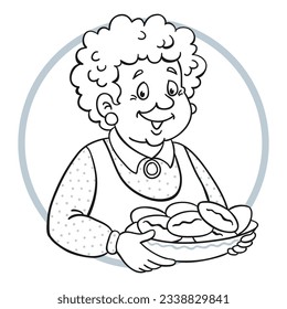 Cute grandmother with a plate of pies in her hands. Avatar icon in cartoon style. Black and white picture for coloring book. Isolated on white background. Vector illustration.