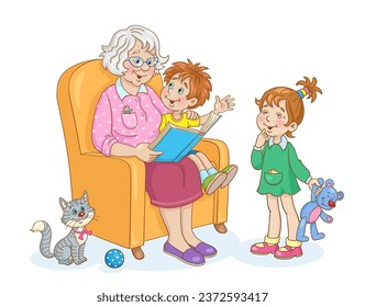 Cute grandmother reading a book to her grandchildren. In cartoon style. Isolated on white background. Vector illustration.