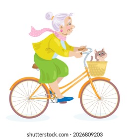 Cute grandmother rides a bike with a funny cat. In cartoon style. Vector illustration. Isolated on white background