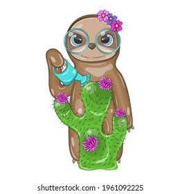 Cute grandmother sloth watering a cactus with pink flowers. Cartoon illustration of a sloth is made on a white background, which is perfect for png. Isolated sloth smiling cute