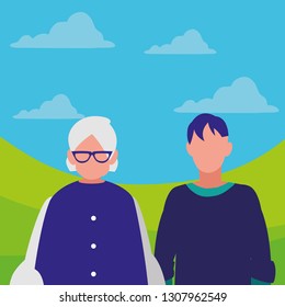 cute grandmother with son characters