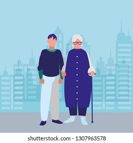 cute grandmother with son characters