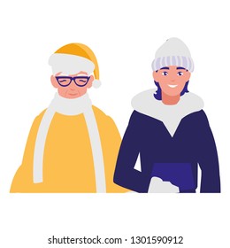 cute grandmother and son with winter clothes