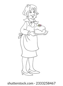 Cute grandmother stands with a beautiful cake in her hands. Black and white picture in cartoon style. For coloring book. Isolated on white background. Vector illustration.