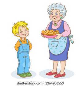 Cute grandmother treats her grandson to pies. In cartoon style. Isolated on white background. Vector illustration.