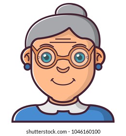 The cute grandmother wearing spectacles. The smile, surprised, kind, cheerful woman.Face icons.In flat style vector.Cartoon character dame .Line art.