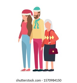 cute grandmother with young couple using christmas hat vector illustration design