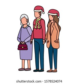 cute grandmother with young couple using christmas hat vector illustration design