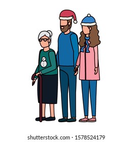cute grandmother with young couple using christmas hat vector illustration design