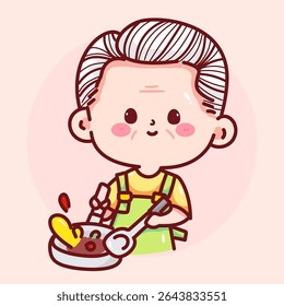 Cute grandpa in apron holding a frying pan and spatula, preparing delicious food.