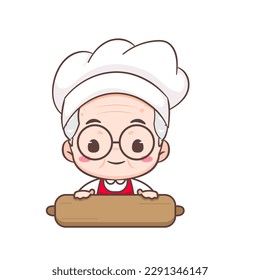 Abuelo lindo como personaje de caricatura de Baker Rolling Dough. Diseño del concepto de profesión. Ilustración vectorial de chibi adorable plana. Fondo blanco aislado