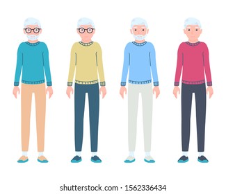 Cute grandpa in different versions set. Male pensioner personage. Aged, elderly man bundle. With glasses and with a beard and without. Old people. Isolated vector illustration in cartoon flat style