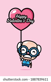 Cute grandpa flying with happy valentine's day greeting heart balloons